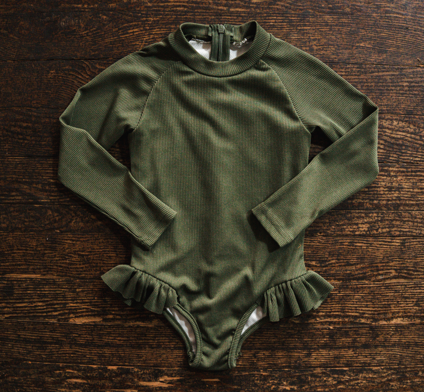 Green Ribbed Long Sleeve Swimsuit: 3T