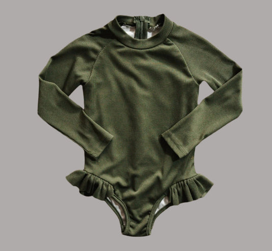 Green Ribbed Long Sleeve Swimsuit: 3T