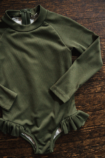 Green Ribbed Long Sleeve Swimsuit: 3T