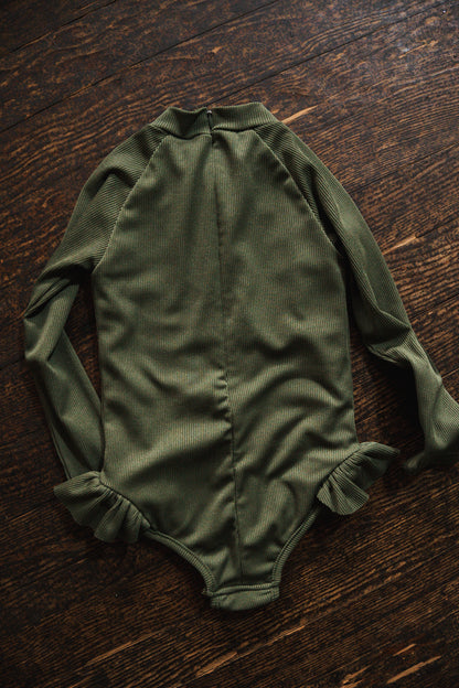 Green Ribbed Long Sleeve Swimsuit: 3T