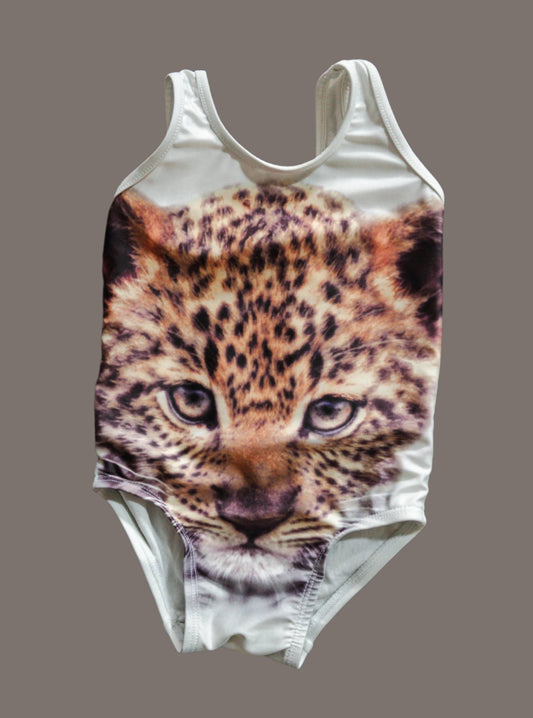 White Baby Cheetah Swimsuit: 6-12mos