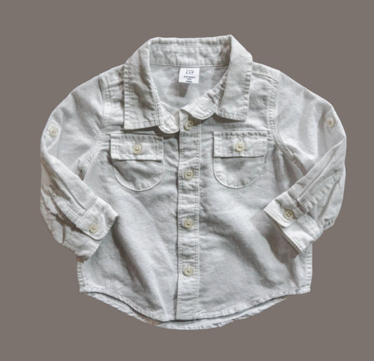 White Linen Blend Button Up Shirt: 6-12mos