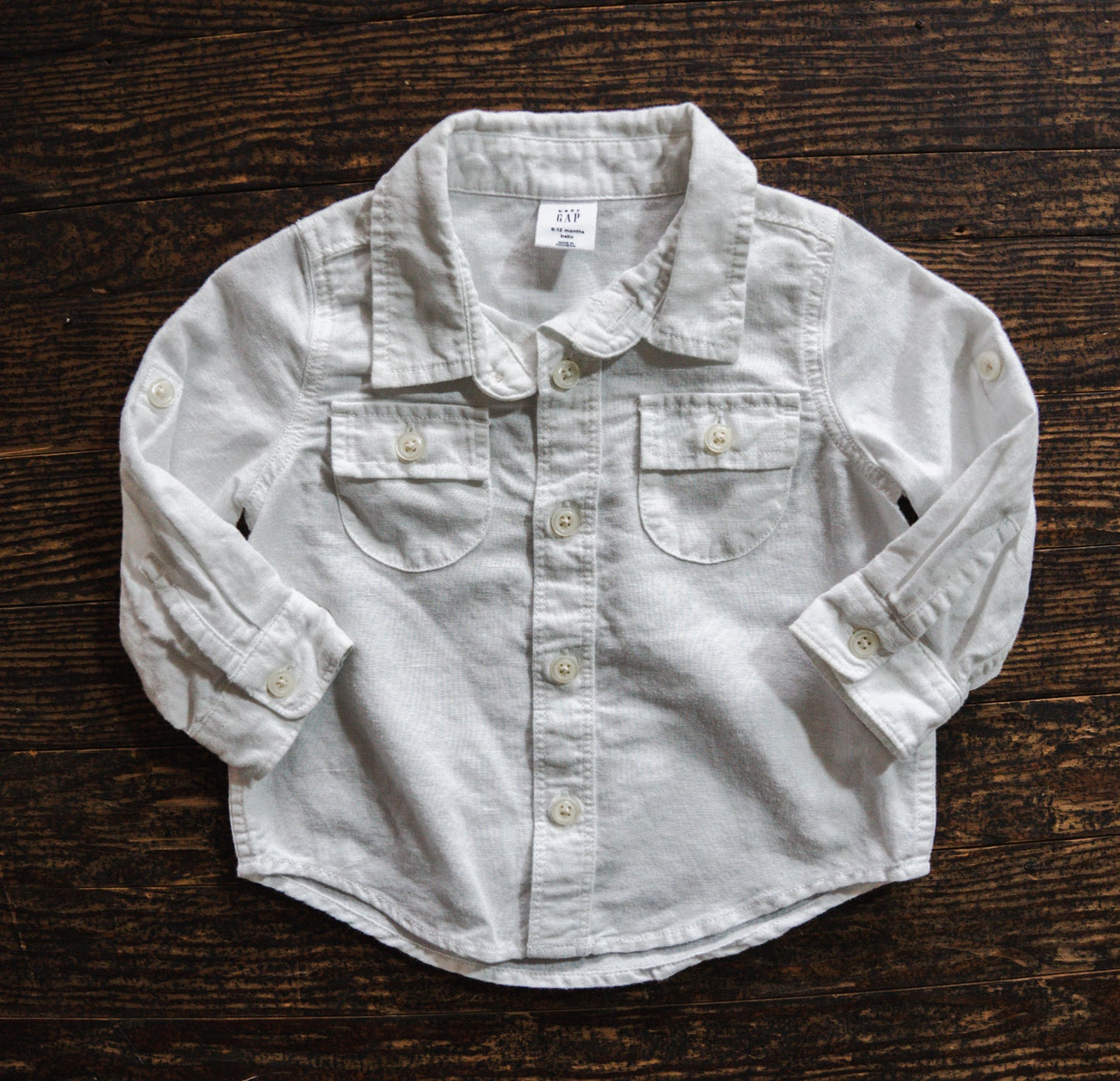 White Linen Blend Button Up Shirt: 6-12mos