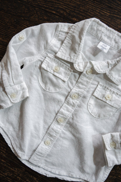 White Linen Blend Button Up Shirt: 6-12mos