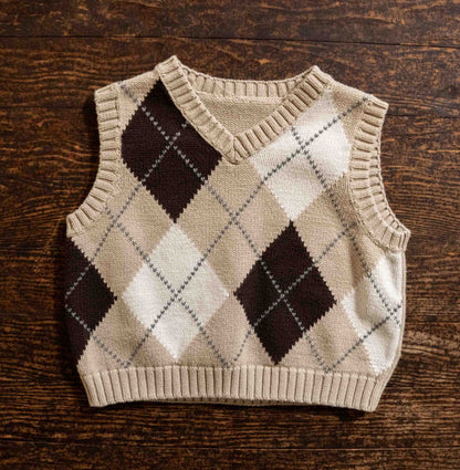 Beige Arglye Knit Sweater Vest: 18-24mos