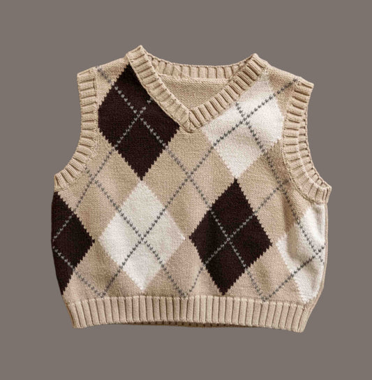 Beige Arglye Knit Sweater Vest: 18-24mos