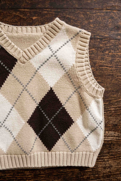 Beige Arglye Knit Sweater Vest: 18-24mos