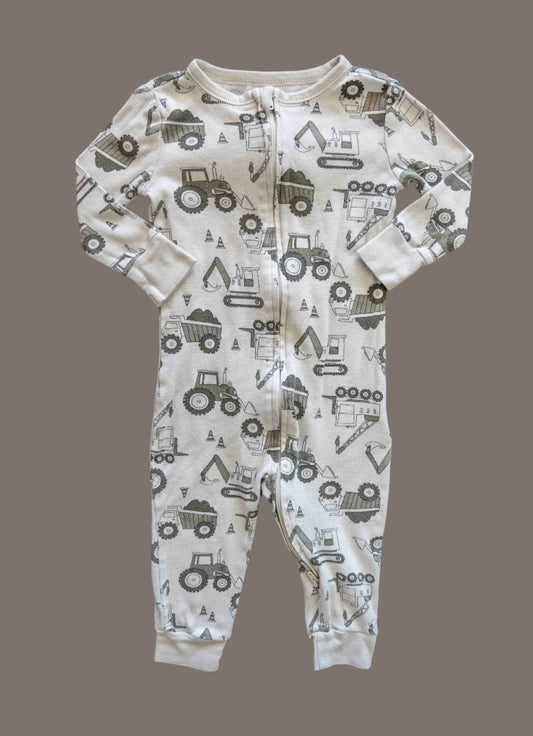 Beige Tractor Zipper Footie Pajamas: 12-18mos