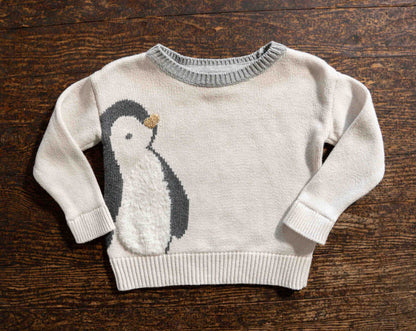 Cream Knit Penguin Sweatshirt: 12-18mos