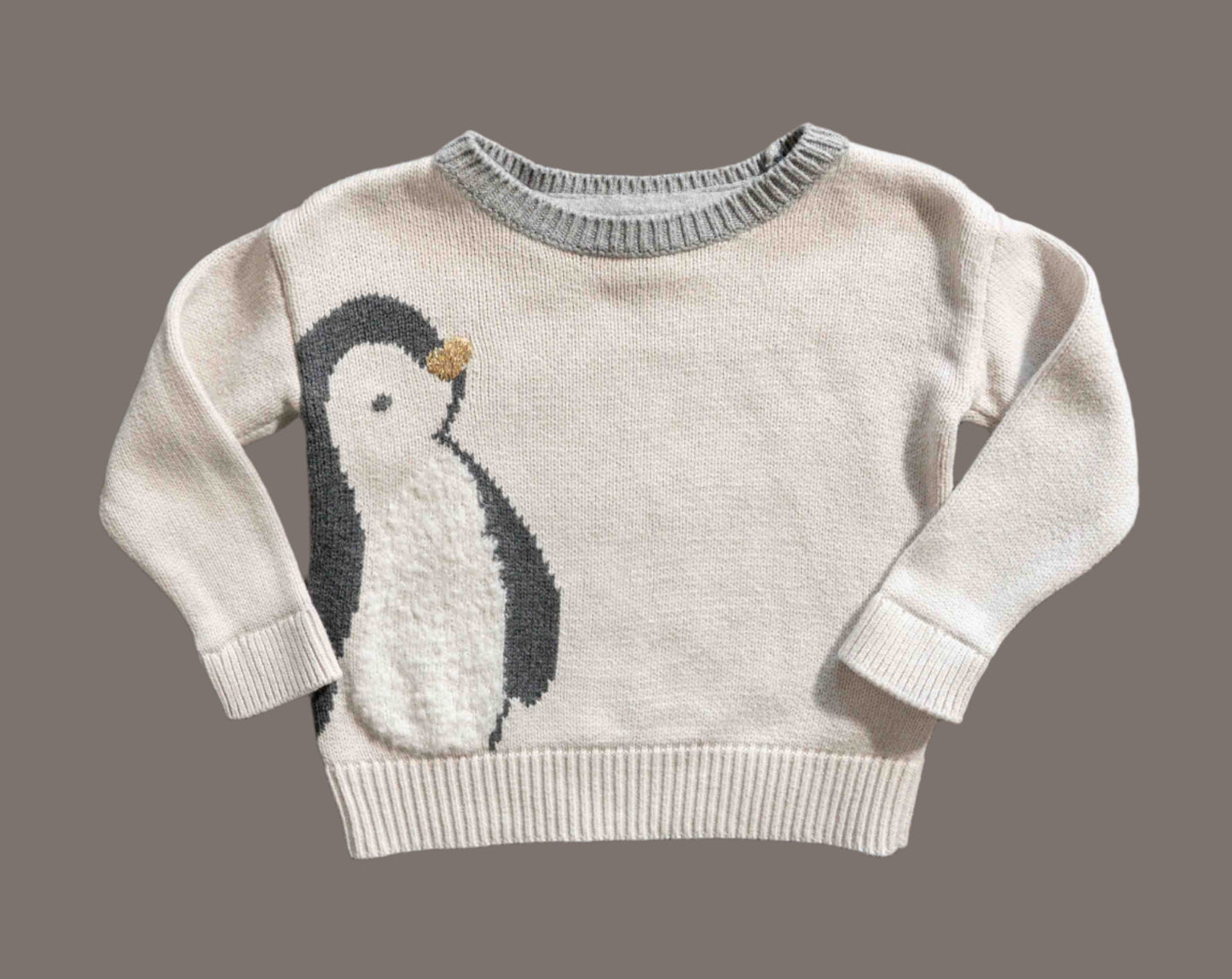 Cream Knit Penguin Sweatshirt: 12-18mos