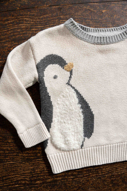 Cream Knit Penguin Sweatshirt: 12-18mos