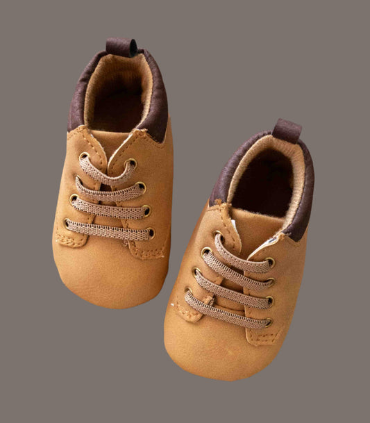 Tan Slip-On Faux Leather Booties: 3-6mos