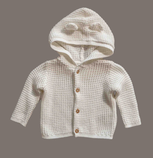 White Knit Hooded Cardigan: 3mos