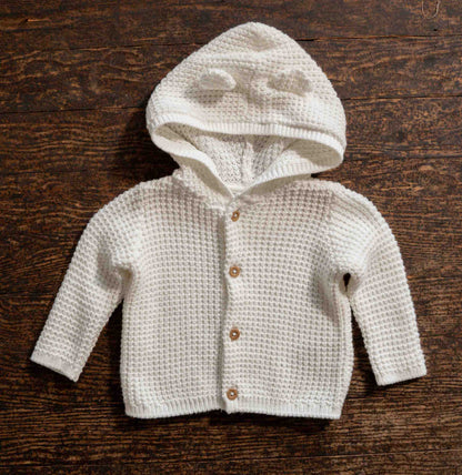 White Knit Hooded Cardigan: 3mos