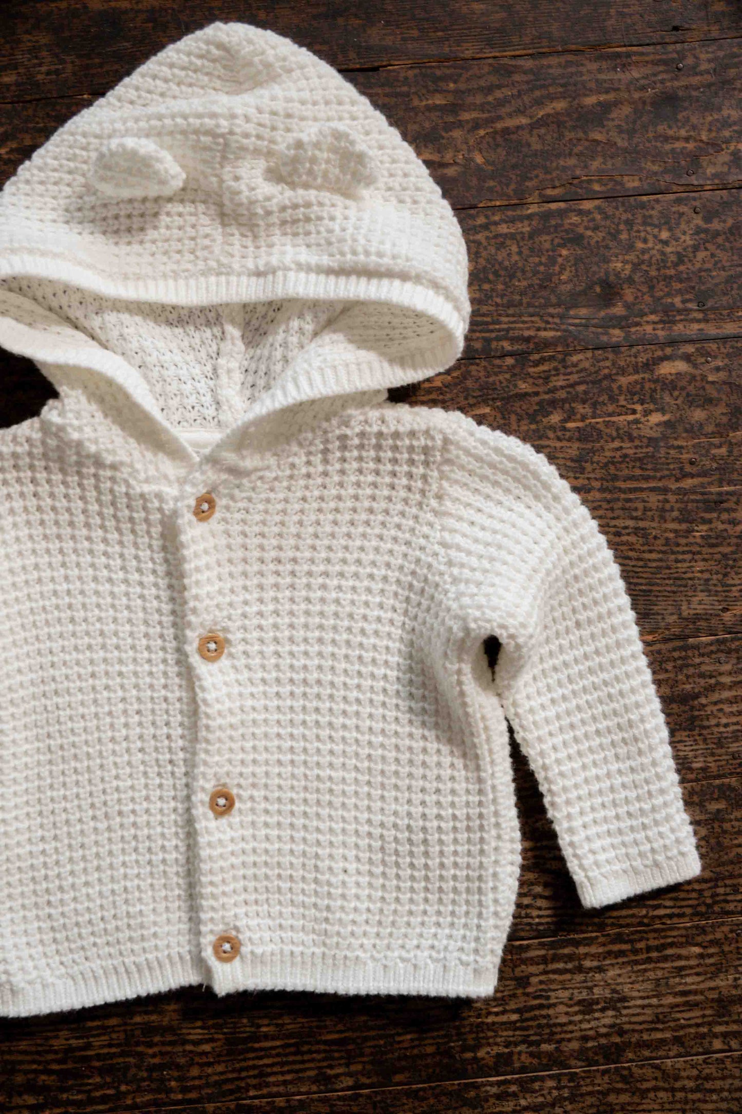 White Knit Hooded Cardigan: 3mos