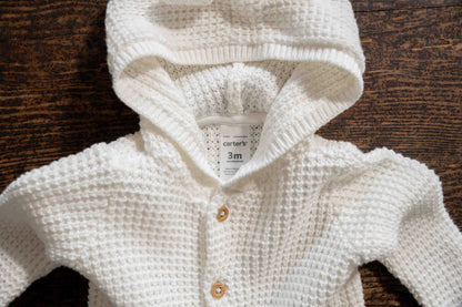 White Knit Hooded Cardigan: 3mos