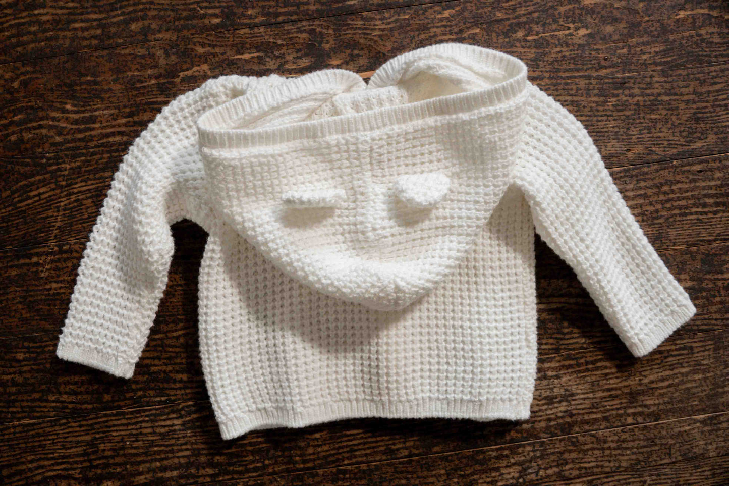 White Knit Hooded Cardigan: 3mos