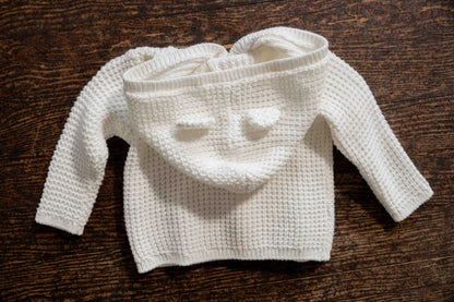 White Knit Hooded Cardigan: 3mos