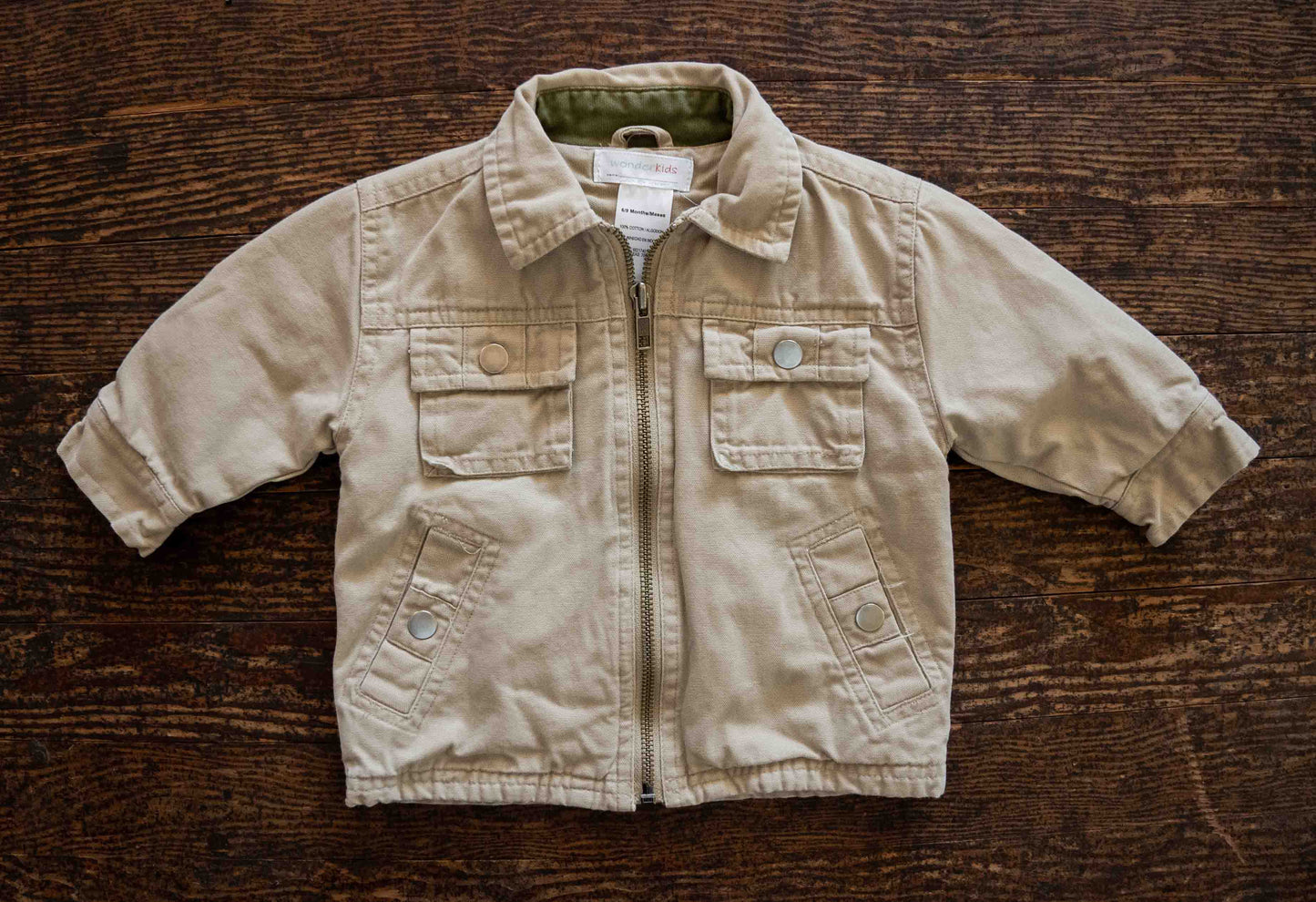 Beige Thick Zipper Jacket: 6-9mos