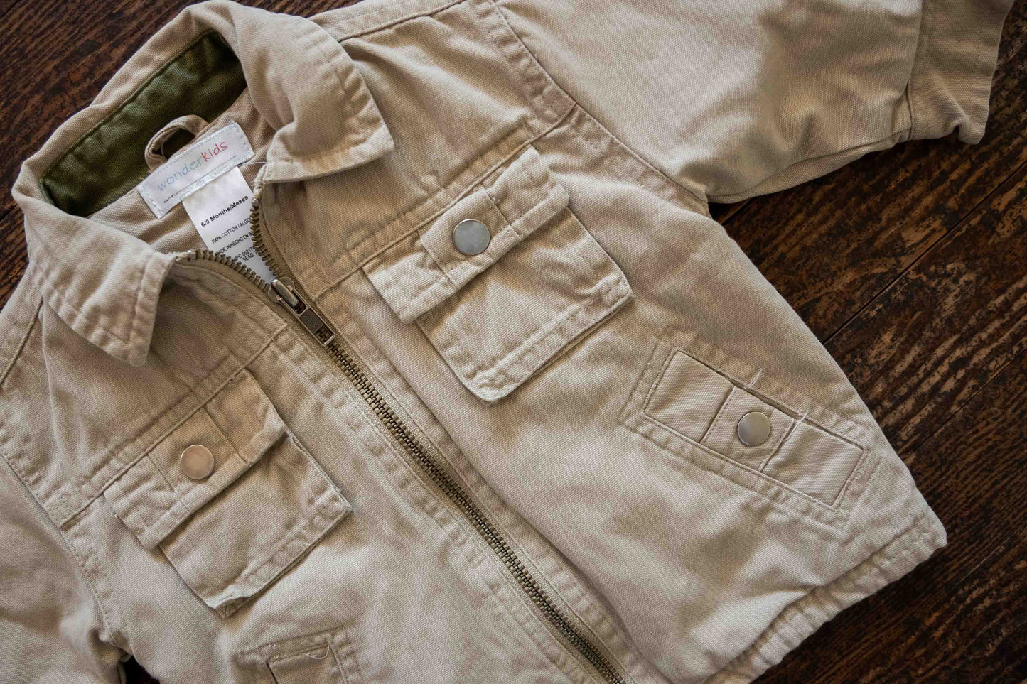 Beige Thick Zipper Jacket: 6-9mos