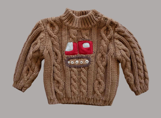 Brown Chunky Knit Tractor Sweatshirt: 6-12mos