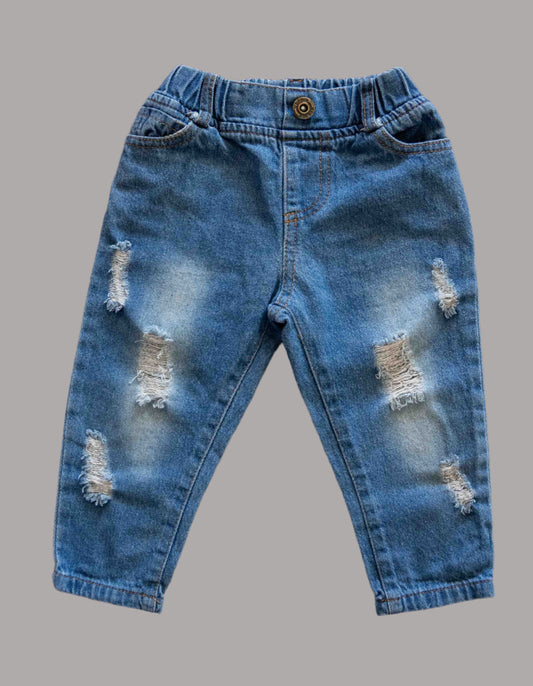 Blue Denim Distressed Jeans: `12-18mos