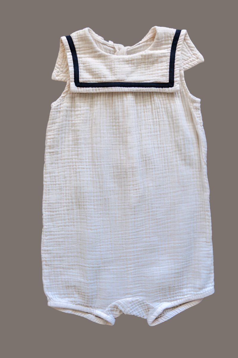 Cream Muslin Sailor Collar Romper: 4T