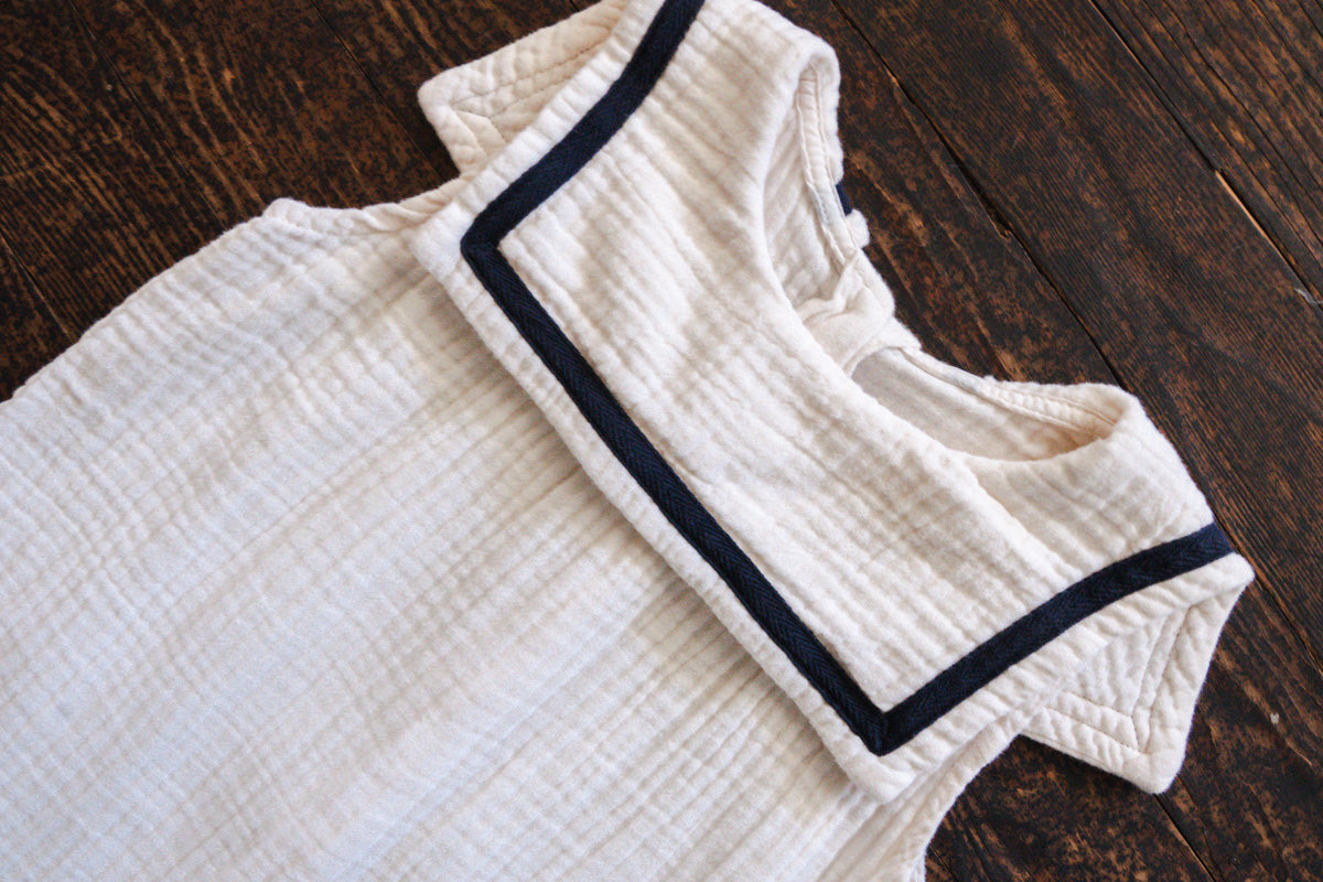 Cream Muslin Sailor Collar Romper: 4T