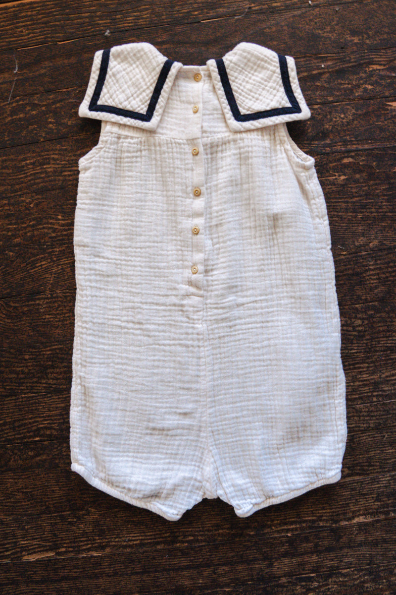 Cream Muslin Sailor Collar Romper: 4T