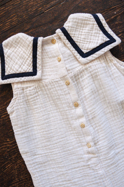 Cream Muslin Sailor Collar Romper: 4T