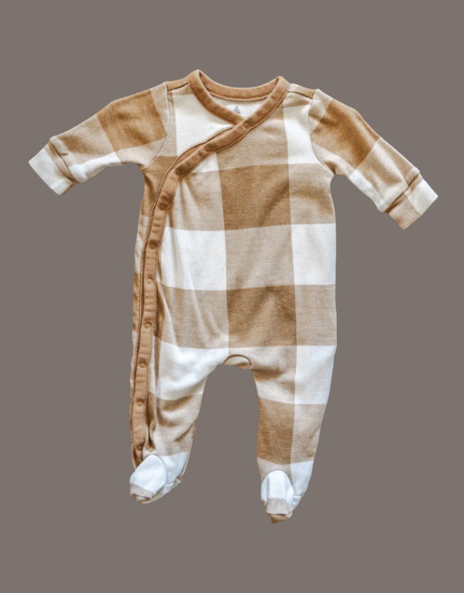 Tan & White Plaid Romper: 0-3mos