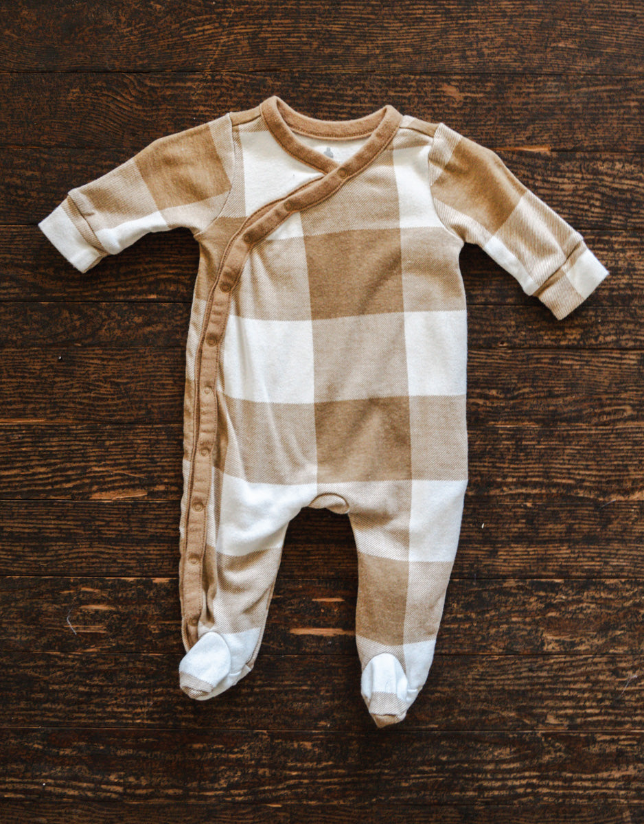 Tan & White Plaid Romper: 0-3mos