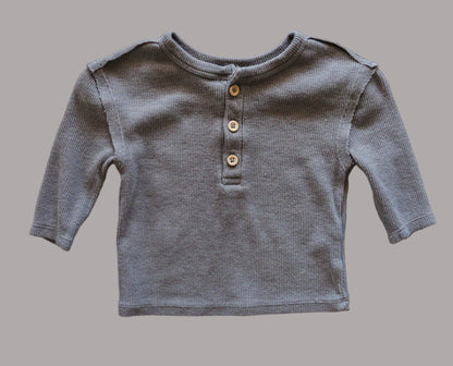 Slate Grey Ribbed Henley Top: 3-6mos