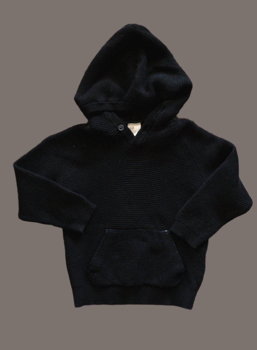 Black Ribbed Knit Hoodie: 12-18mos