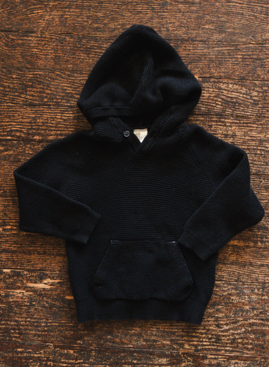 Black Ribbed Knit Hoodie: 12-18mos