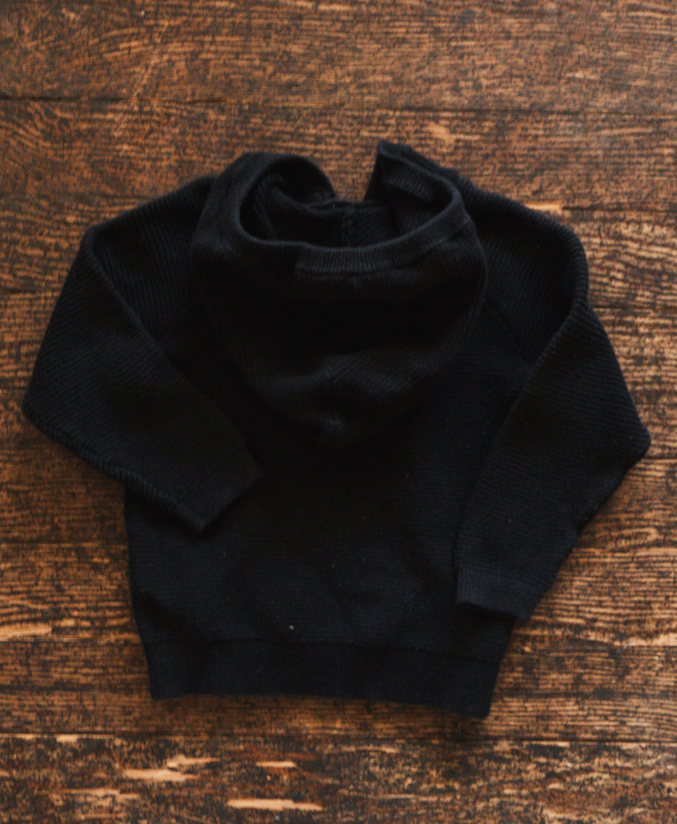 Black Ribbed Knit Hoodie: 12-18mos